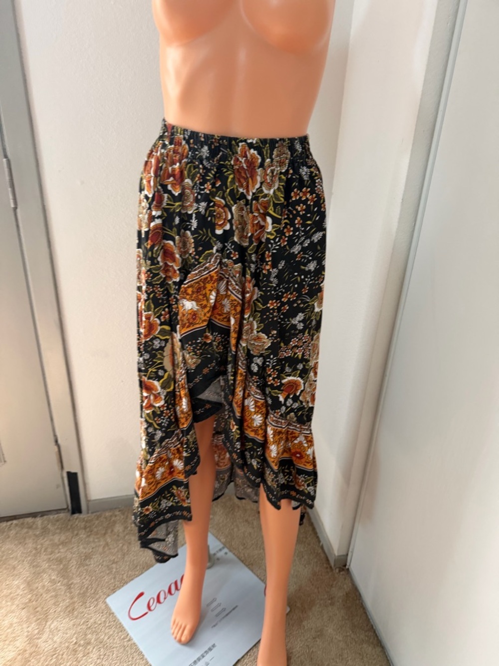 Boho Floral Midi Skirt Asymmetrical Hem Elastic Waist Jolie Rose Size S